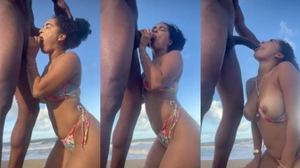 Flagra amador Erica Moraes chupando rola preta na praia